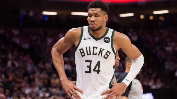 Milwaukee Bucks forward Giannis Antetokounmpo (34) reacts 